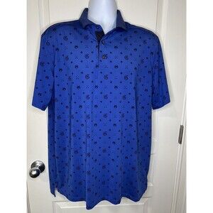 GREYSON Mens L Polo Golf Shirt Blue with Fox/Arrows/G Blue Monster Logo EUC
